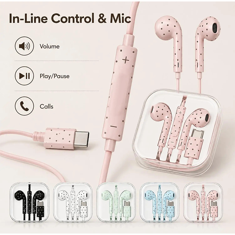 Wired Earphone Mic - Typ-C-Ohrhörer mit Polka-Dot-Sternmuster, In-Ear-Kabelgebundene Ohrhörer mit